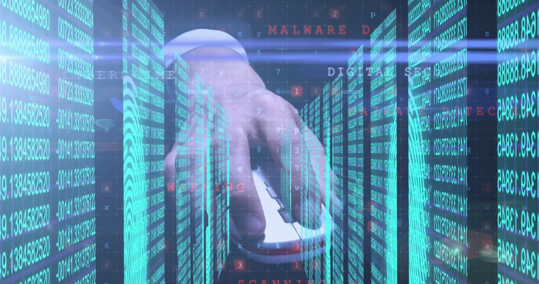 Cybersecurity Concept with Digital Composite of Hand and Data Streams