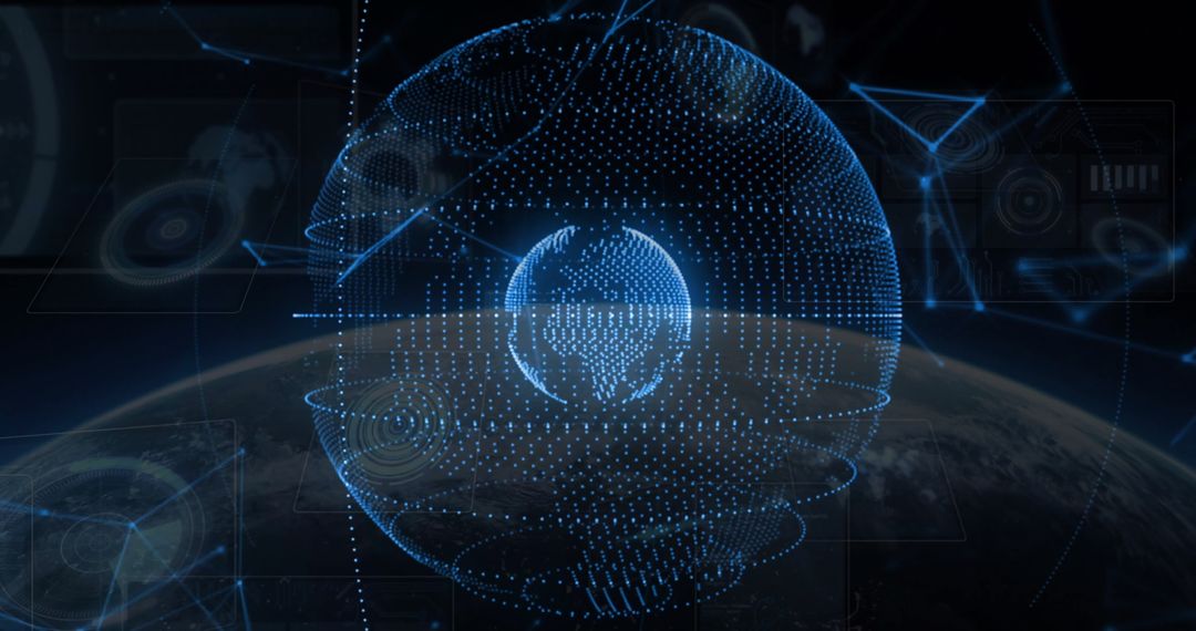 Futuristic Holographic Data Spheres Above Planet Horizon