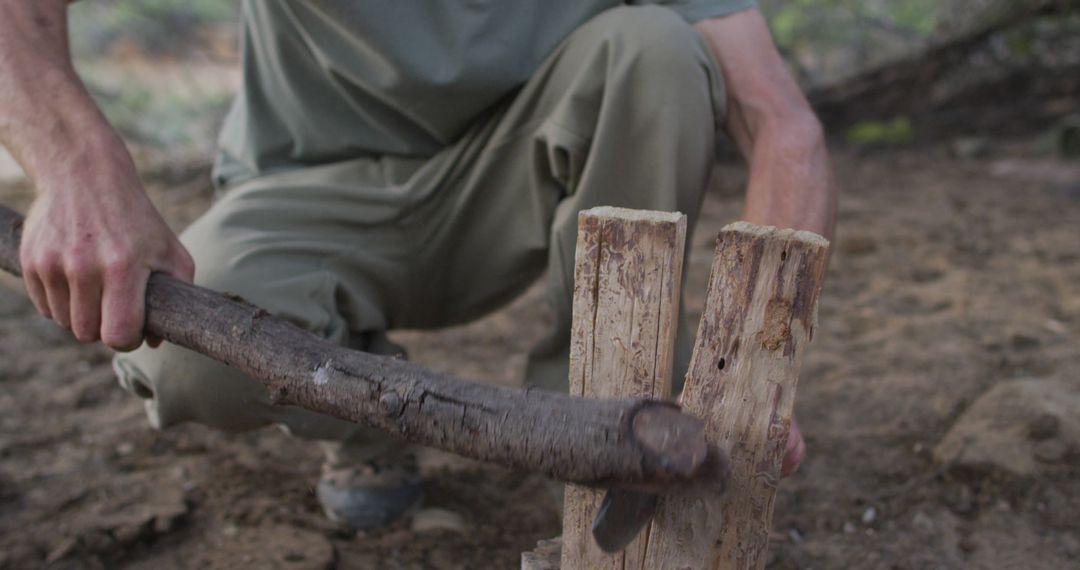 Person Splitting Wood with Branch in Outdoor Forest Setting - Free Images, Stock Photos and Pictures on Pikwizard.com