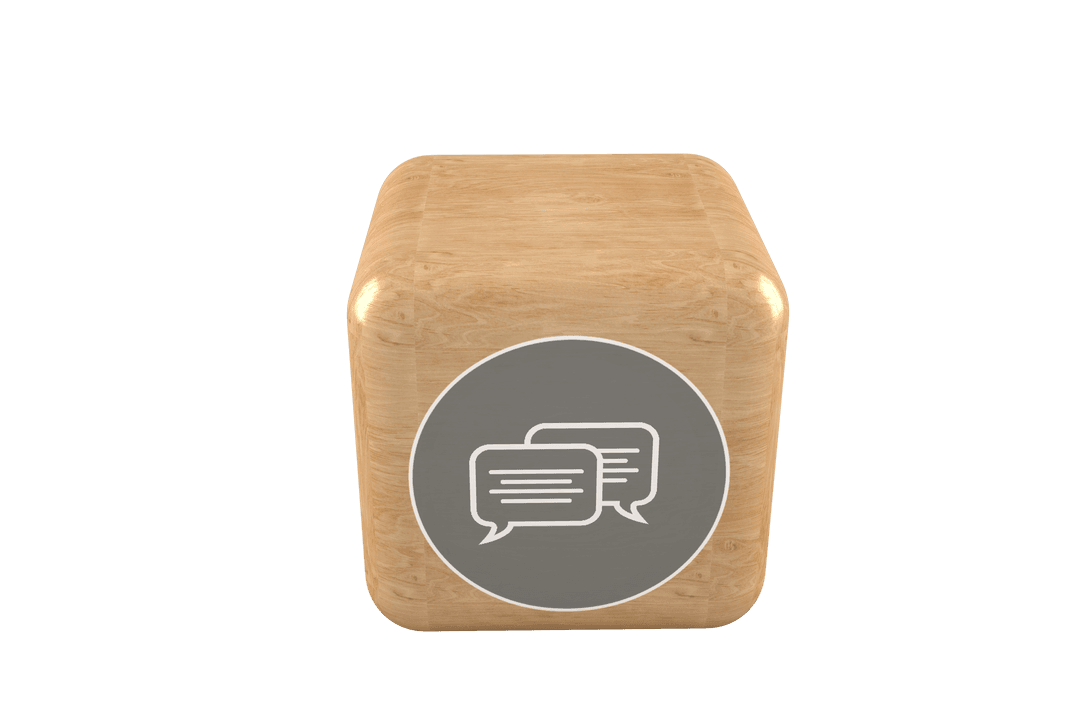 Transparent Wooden Cube with Speech Bubbles and Message Icons