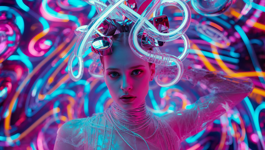 Futuristic Cyberpunk Fashion Model with Neon and Metal Details