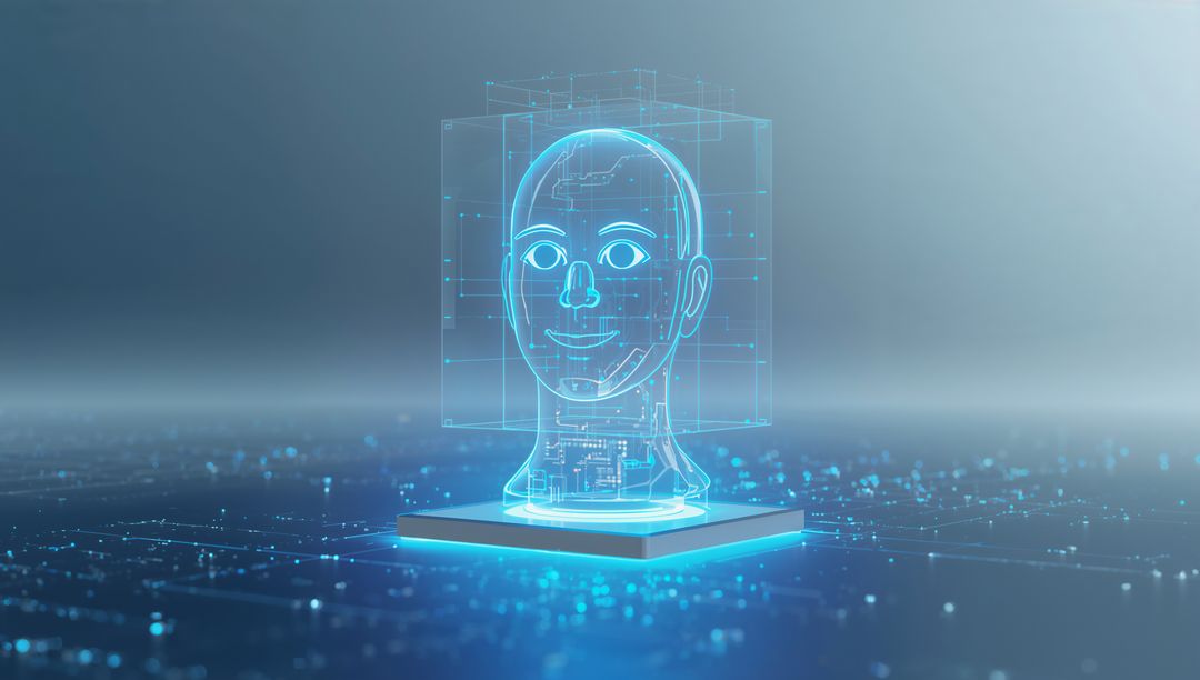 Holographic Head Projecting Circuit Wireframe on Illuminated Platform for AI Tech