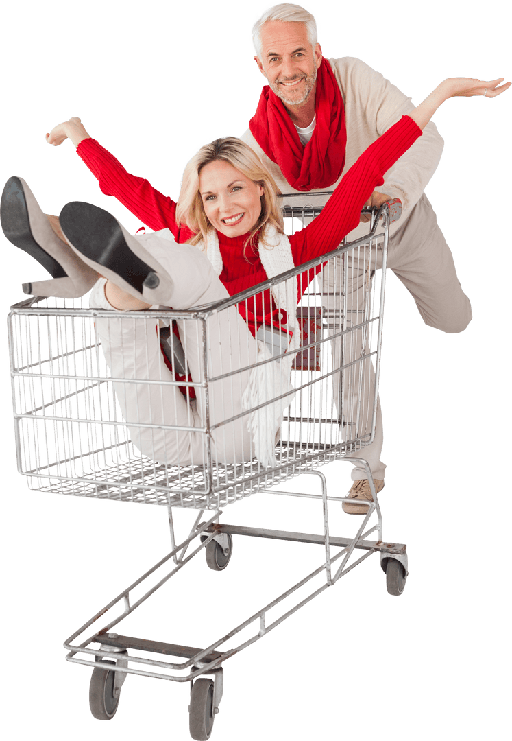 Playful Seniors Enjoying Shopping Trolley Ride on Transparent Background
