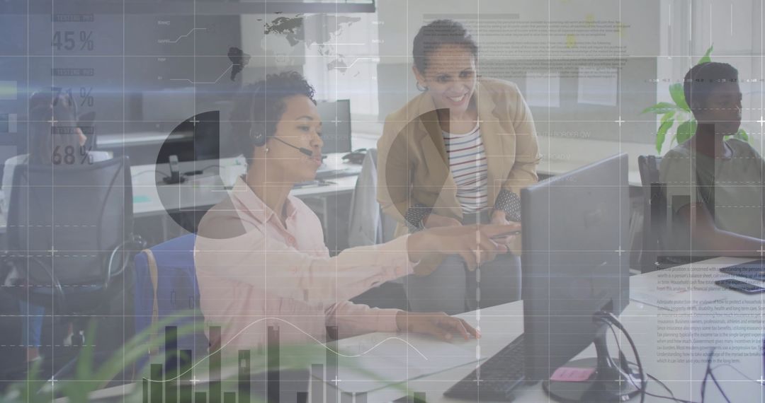 Diverse Colleagues Collaborating with Data Technology in Modern Office