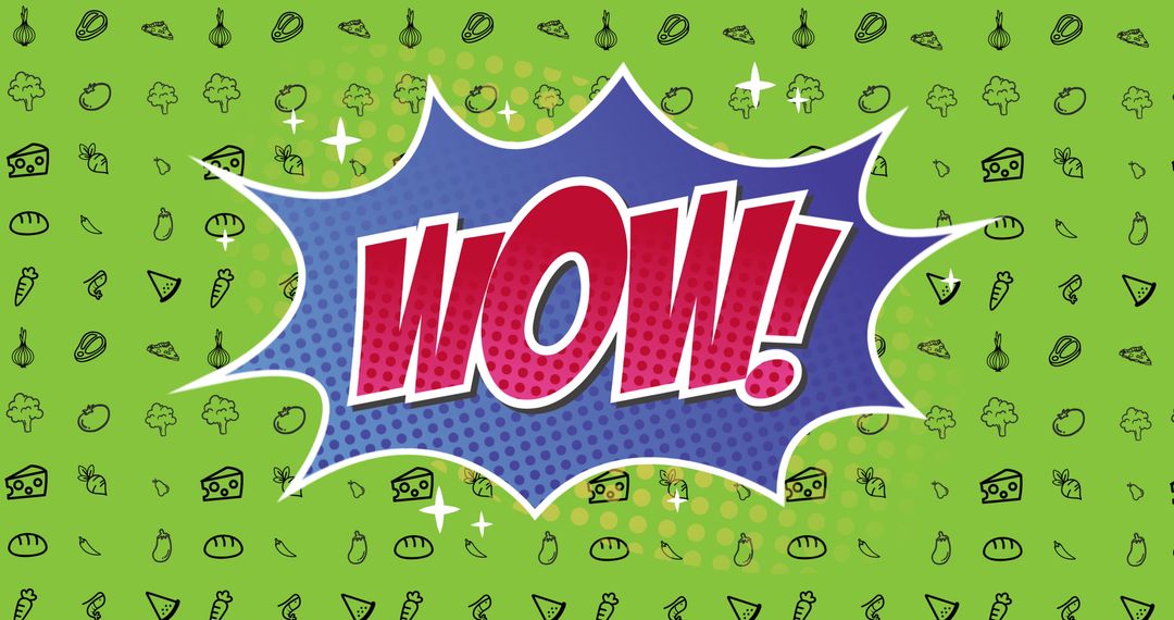 Retro Comic Style WOW Speech Bubble on Green Food Icon Background