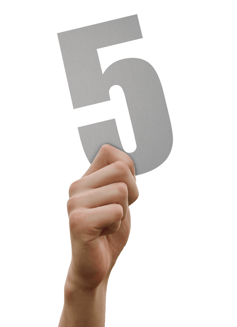 Hand Holding Number Five Cutout on Transparent Background