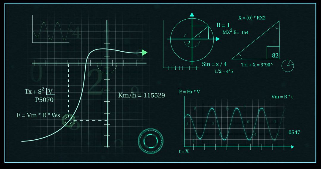 Abstract Digital Interface with Mathematical Equations and Graphs on Black Background