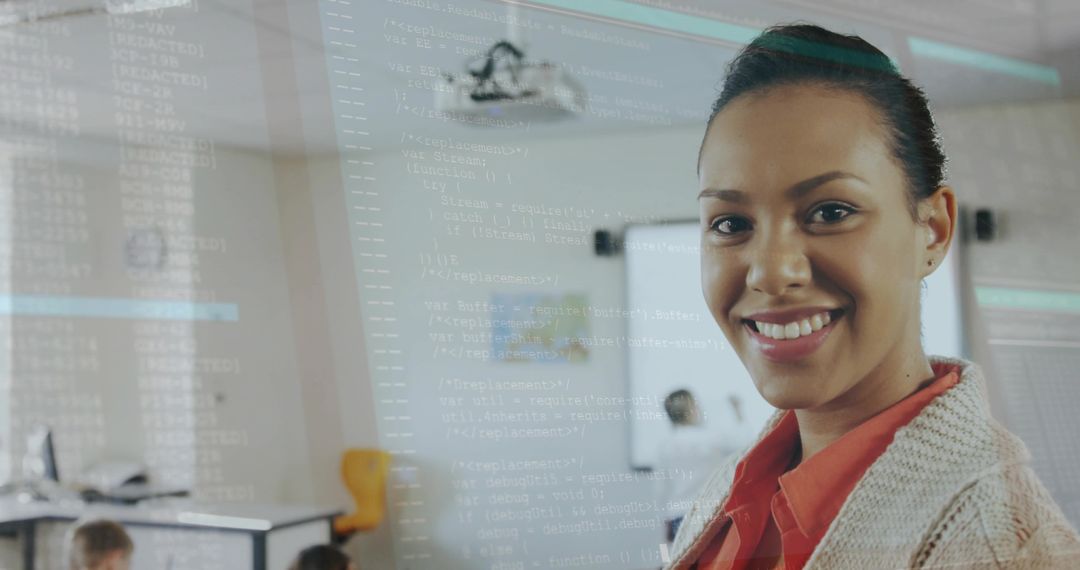 Female Instructor Presenting Coding Workshop with Projected Code Overlay in Modern Classroom