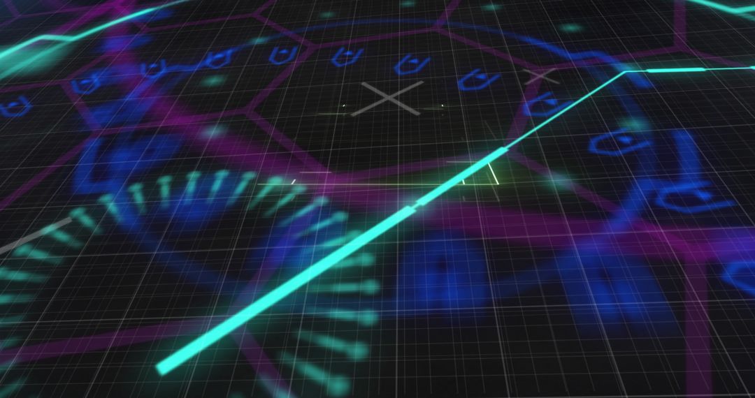 Futuristic Digital Interface Displaying Data Grid and Neon Waves