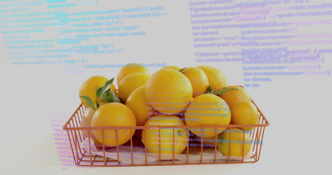 Vibrant Oranges in Copper Wire Basket With Code Overlay