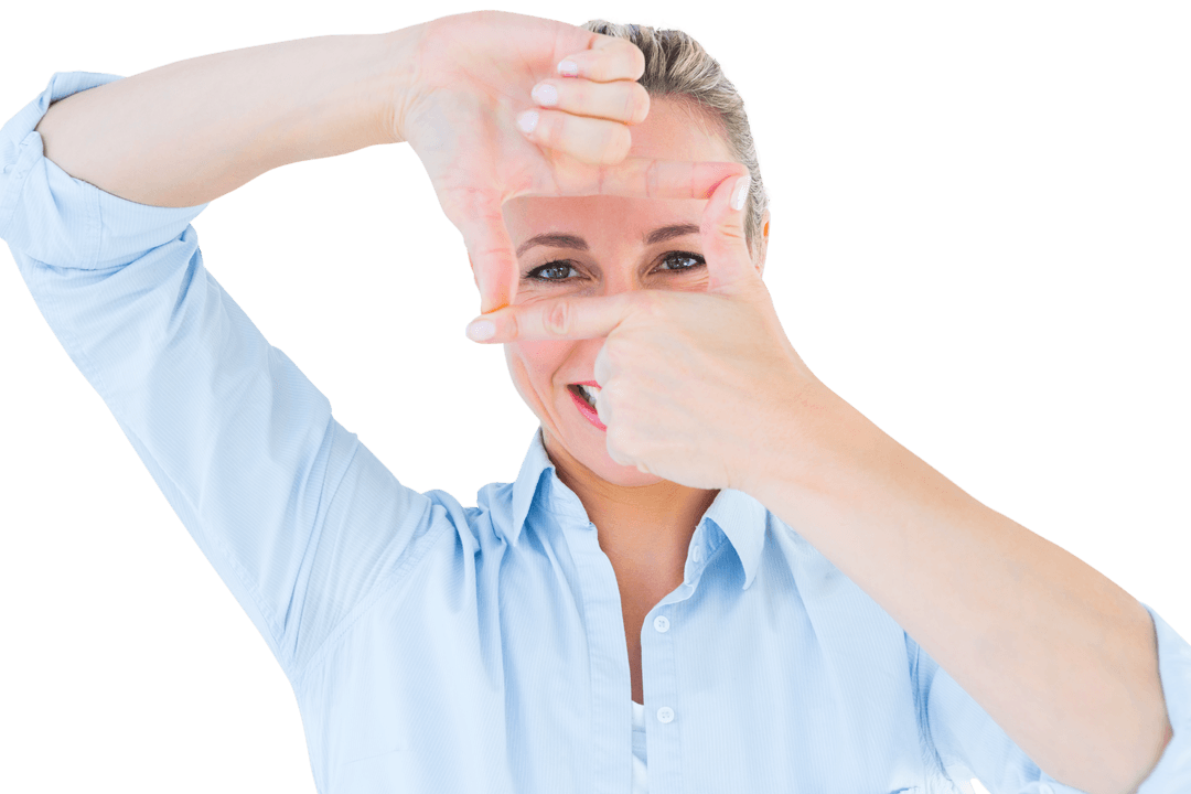 Smiling Blonde Woman Framing Face with Hands on Transparent Background
