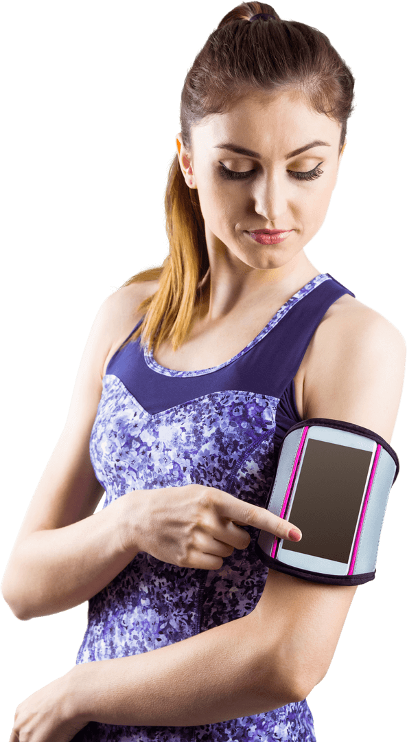 Fit Woman Displaying Smartphone in Transparent Armband