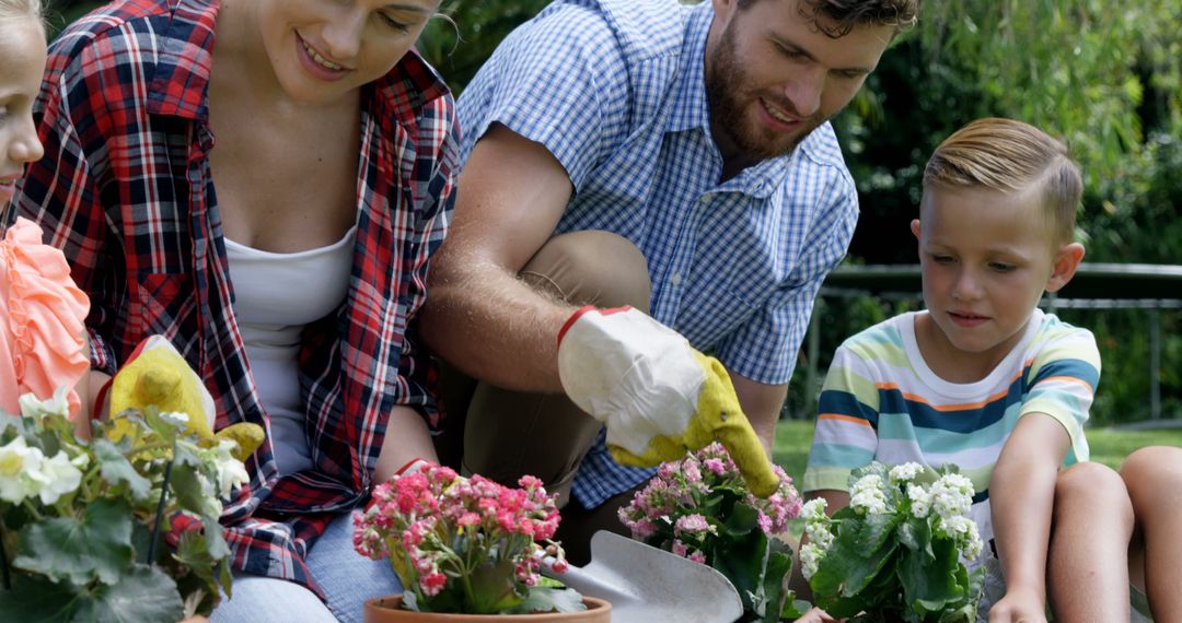 A Caucasian family engages in gardening activities, with copy space - Free Images, Stock Photos and Pictures on Pikwizard.com