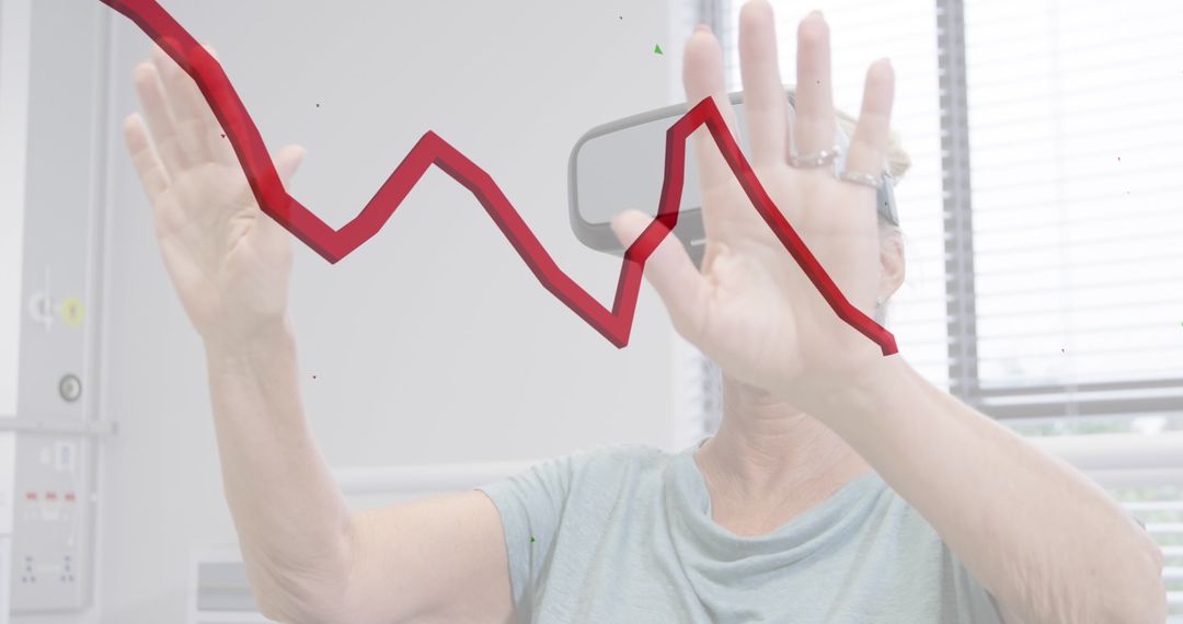 Woman Using VR Headset Analyzing Financial Data