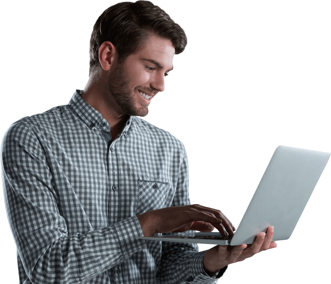 Happy Businessman Using Laptop Transparent Background