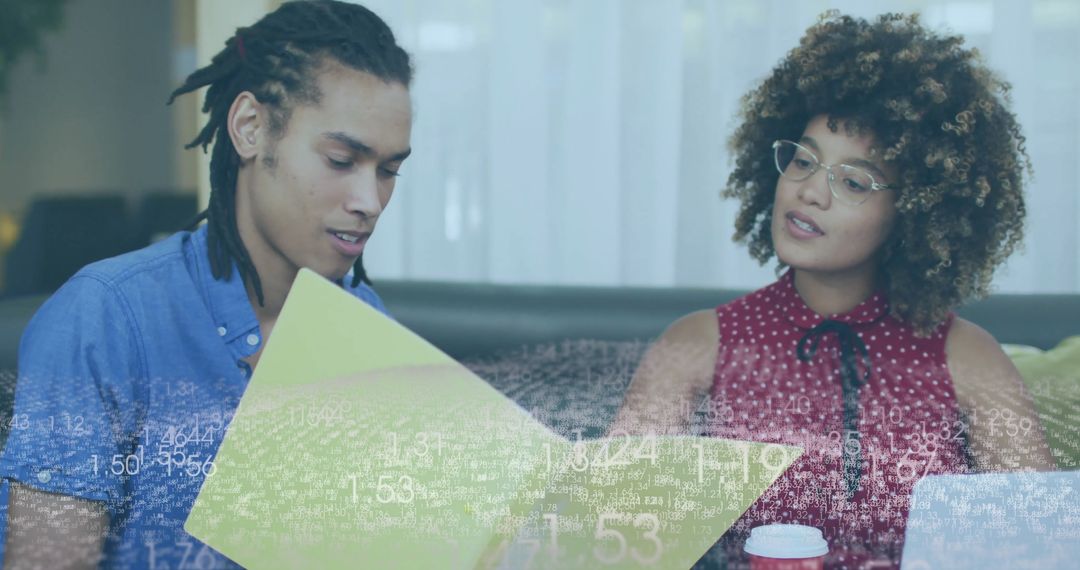 Collaborative Office Discussion with Modern Tech Overlay