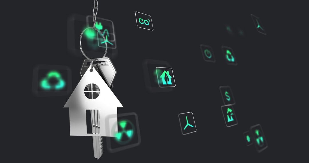 House-shaped Keychain on Digital Blue Icons Background