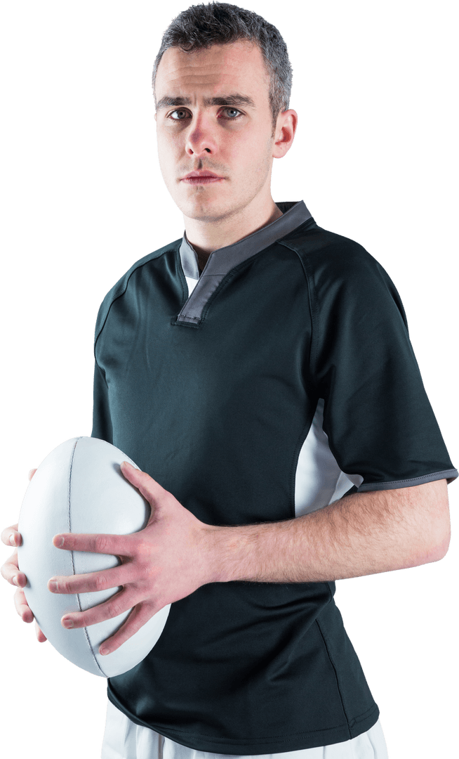 Confident Rugby Player Holding Ball with Focused Expression, Transparent Background