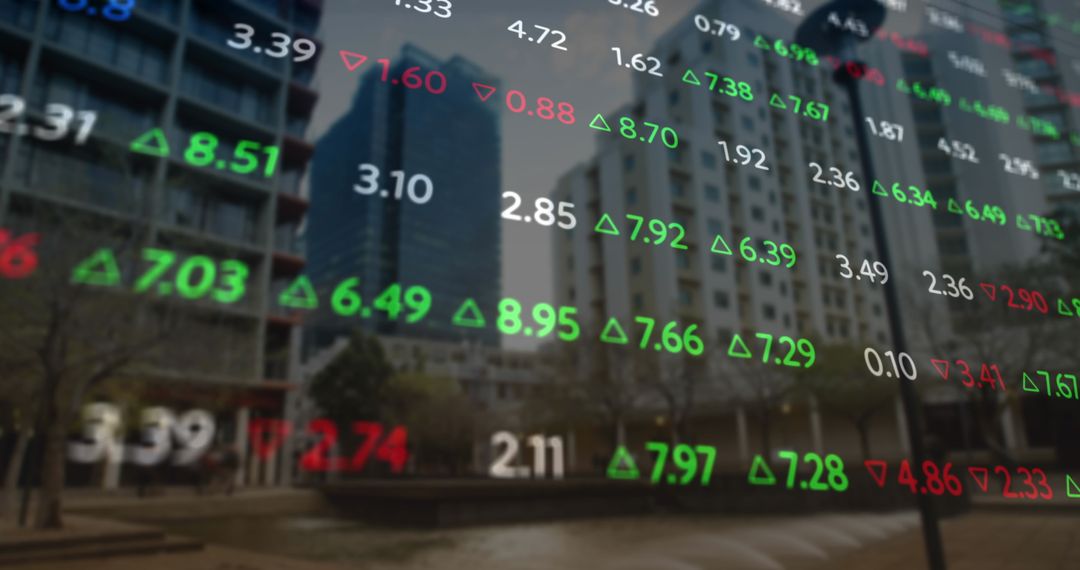 Financial Data Overlay on Modern Cityscape Background