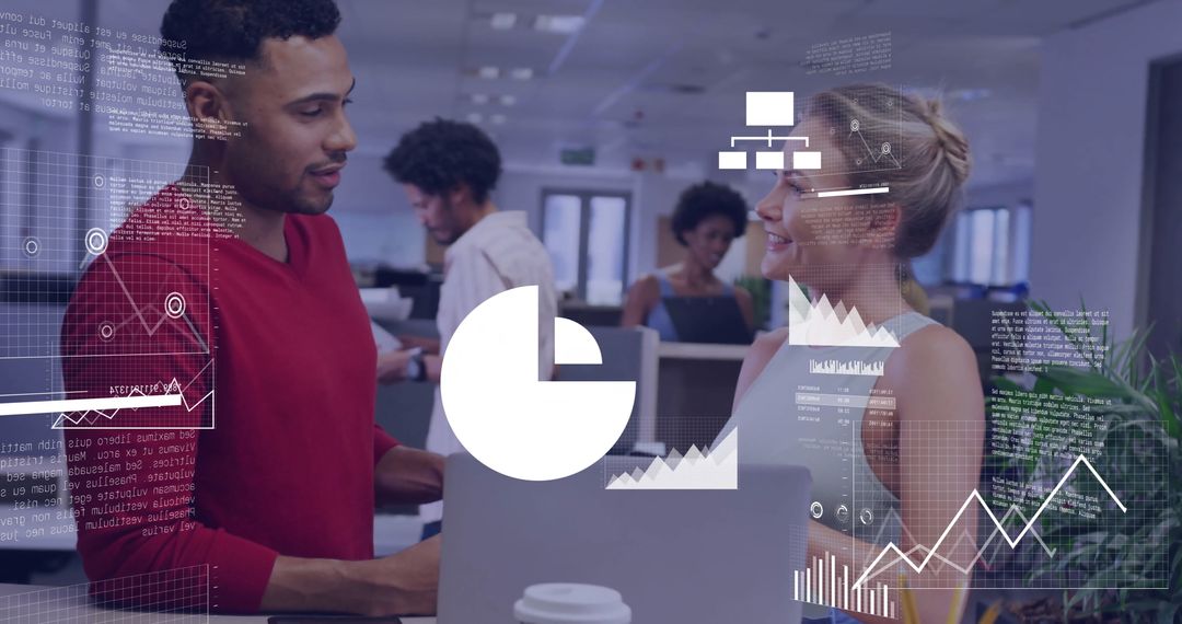 Diverse Team Collaborating in Modern Office with Digital Data Icons