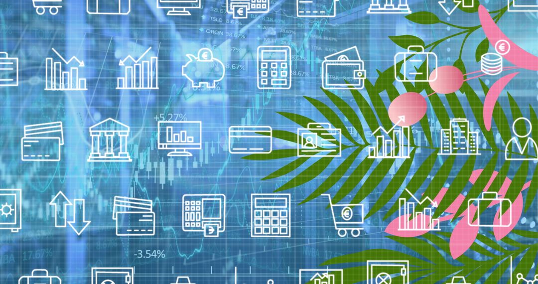 Digital Integration of Finance Icons and Nature Elements