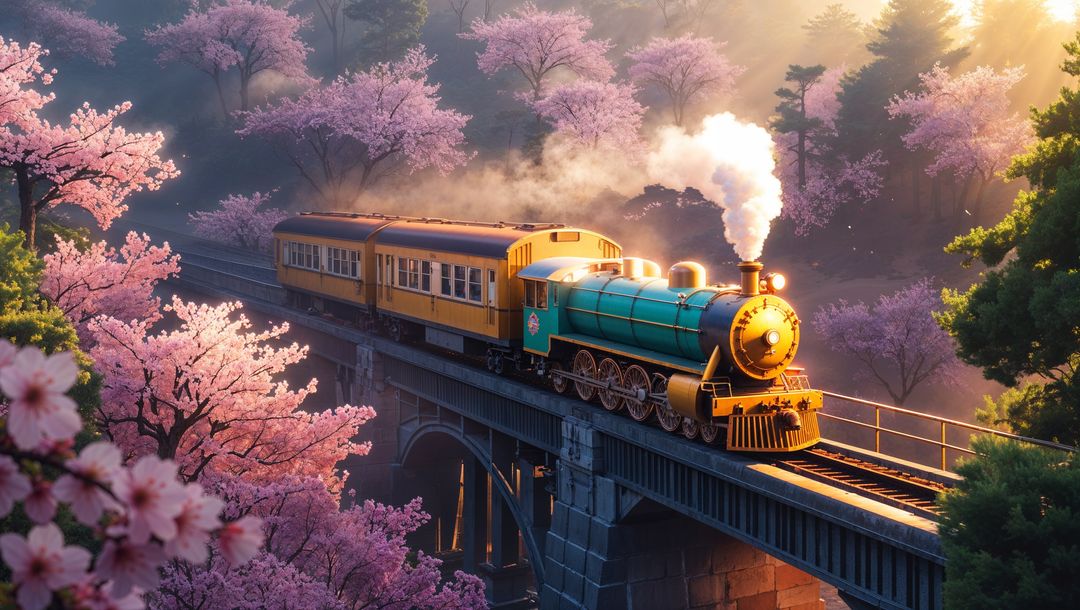 Steam anime train on gorge bridge amid cherry blossoms at sunrise