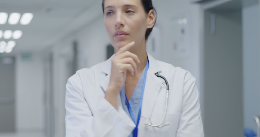 Concerned Female Doctor Thinking in Hospital Corridor - Free Images, Stock Photos and Pictures on Pikwizard.com