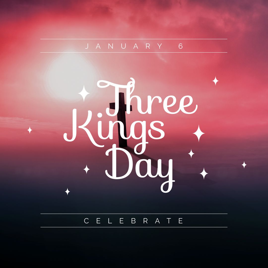 Three Kings Day Celebration with Cross Motif and Vibrant Sky