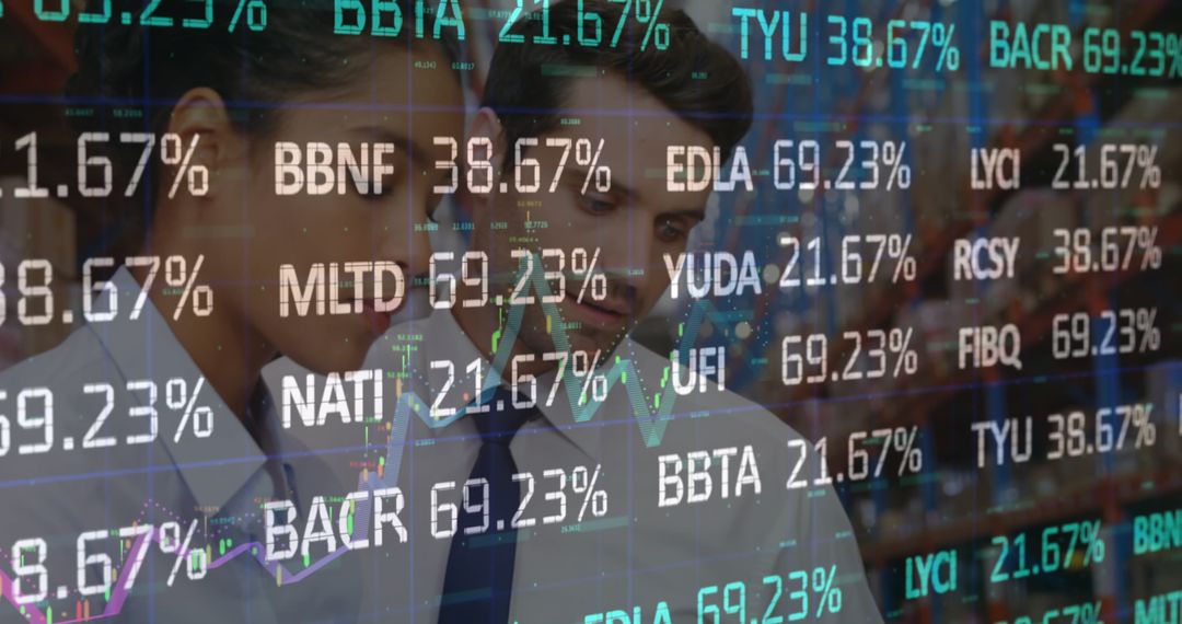 Market Numbers Overlapping Business Professionals in Warehouse Setting