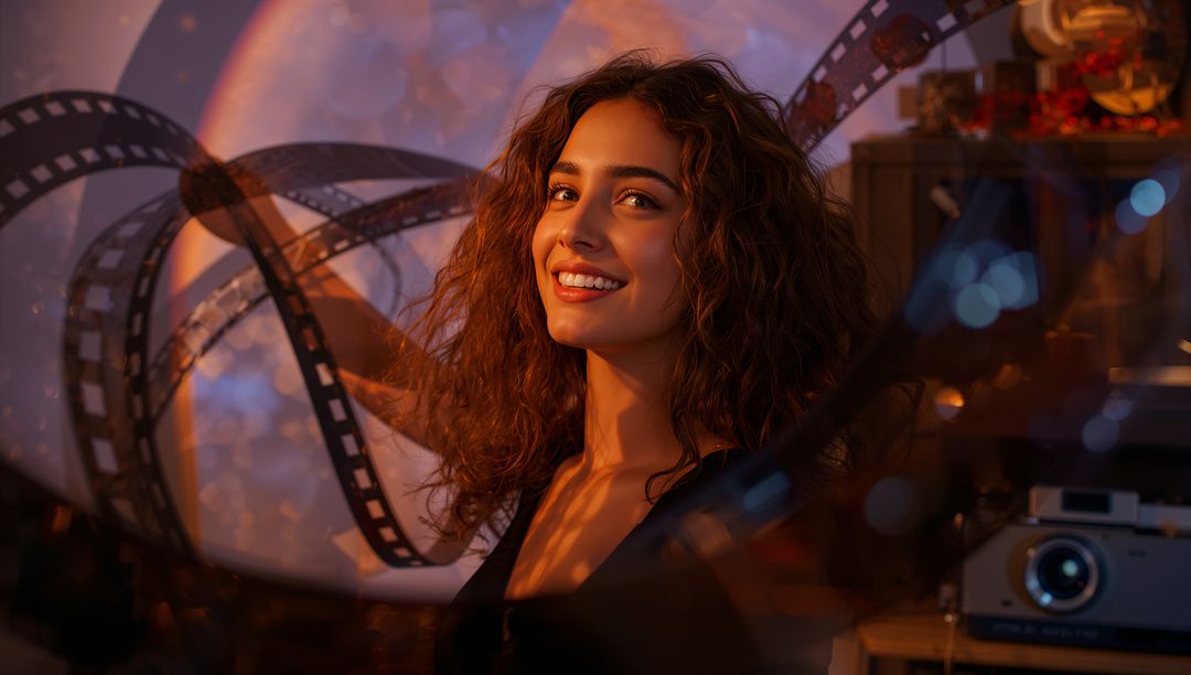 Creative Film Editor Sorting Celluloid Strips in Nostalgic Cinematic Space