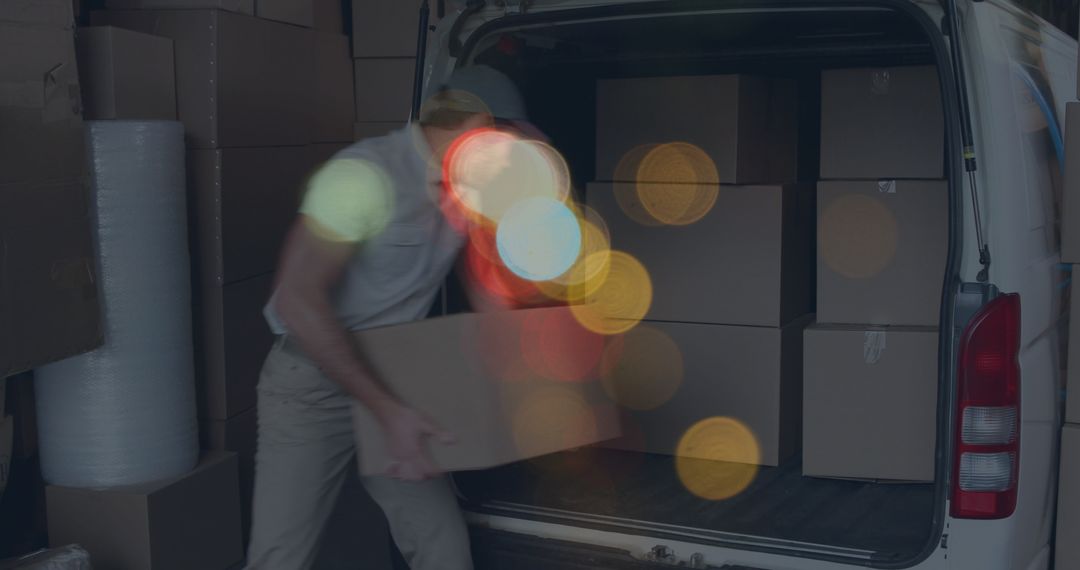 Courier Unloading Van Illuminated by Bokeh Light Effects