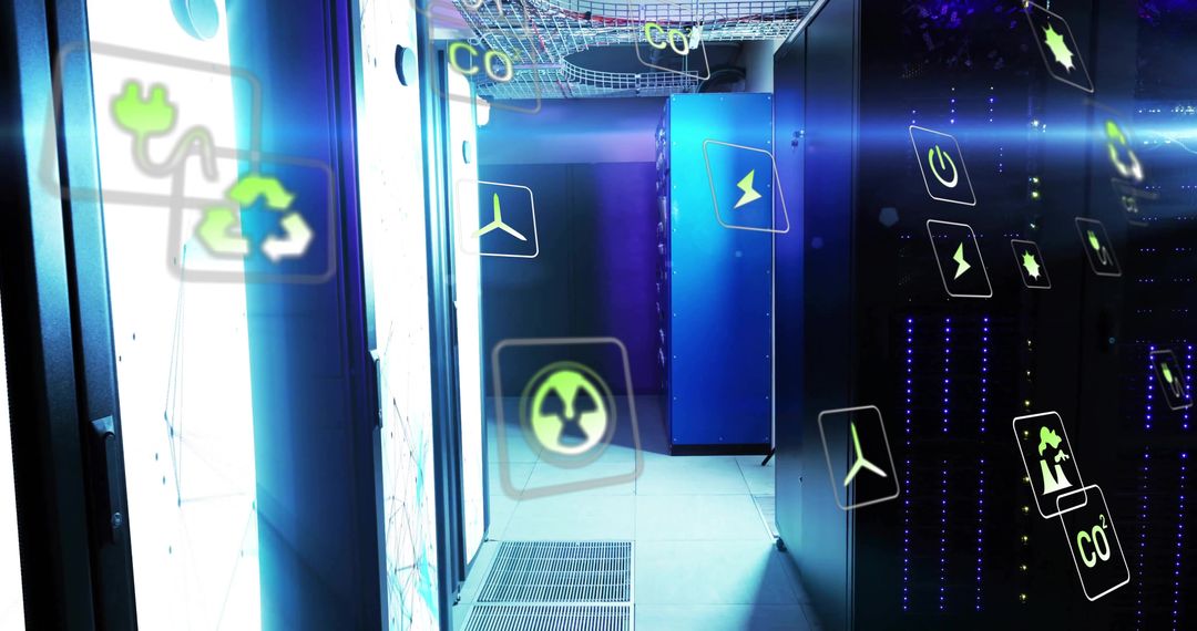 Futuristic Data Center Aisle with Renewable Energy Symbols
