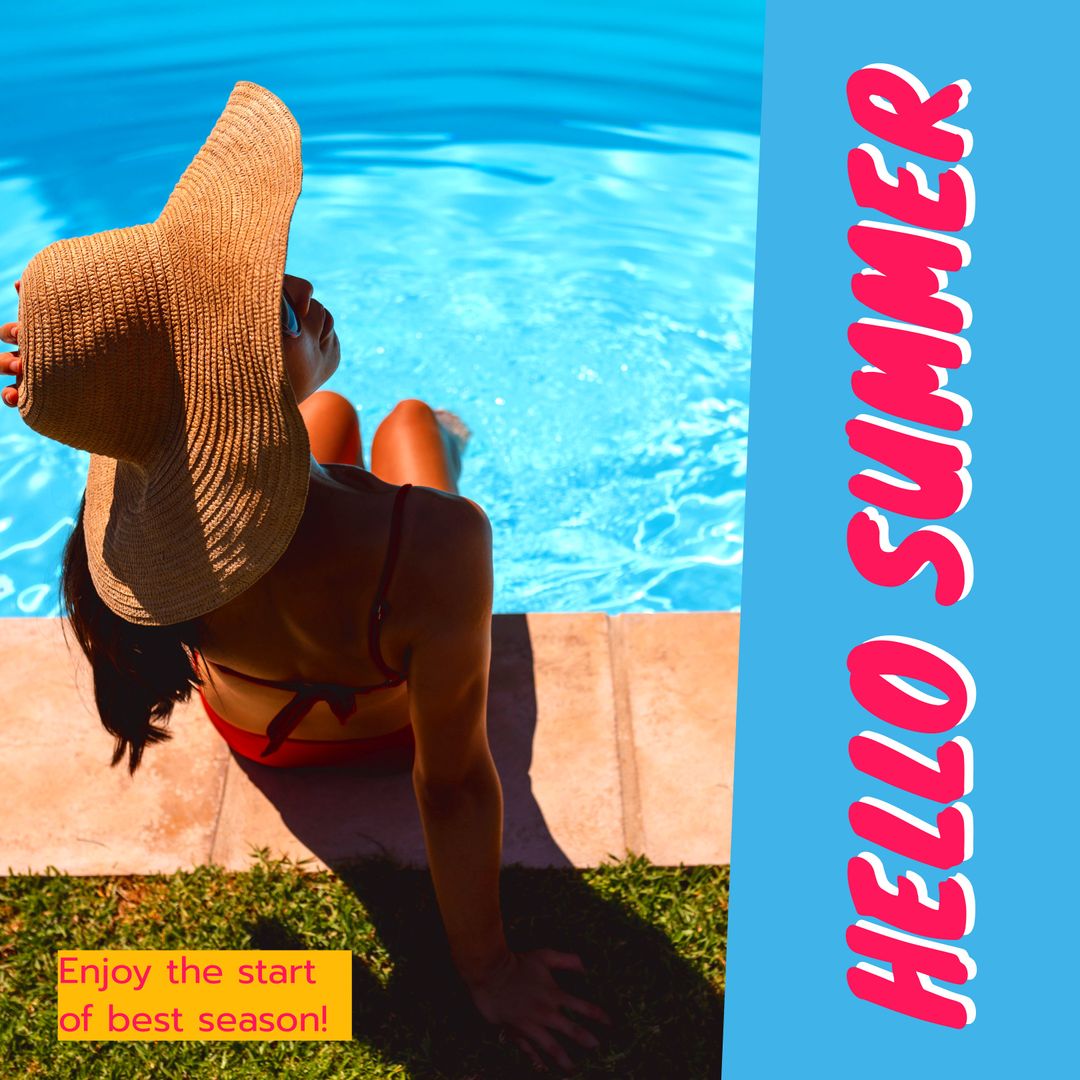 Woman in Sun Hat Relaxing by Poolside for Summer Enjoyment