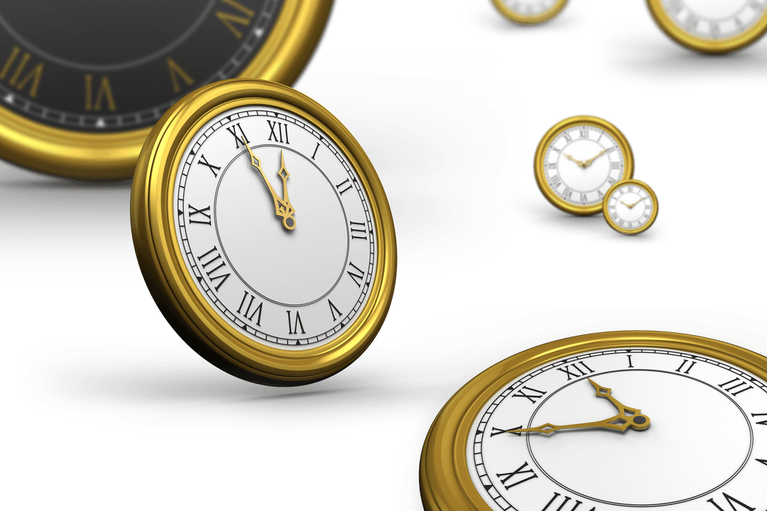 Golden Clocks on Transparent Background Conceptual Illustration