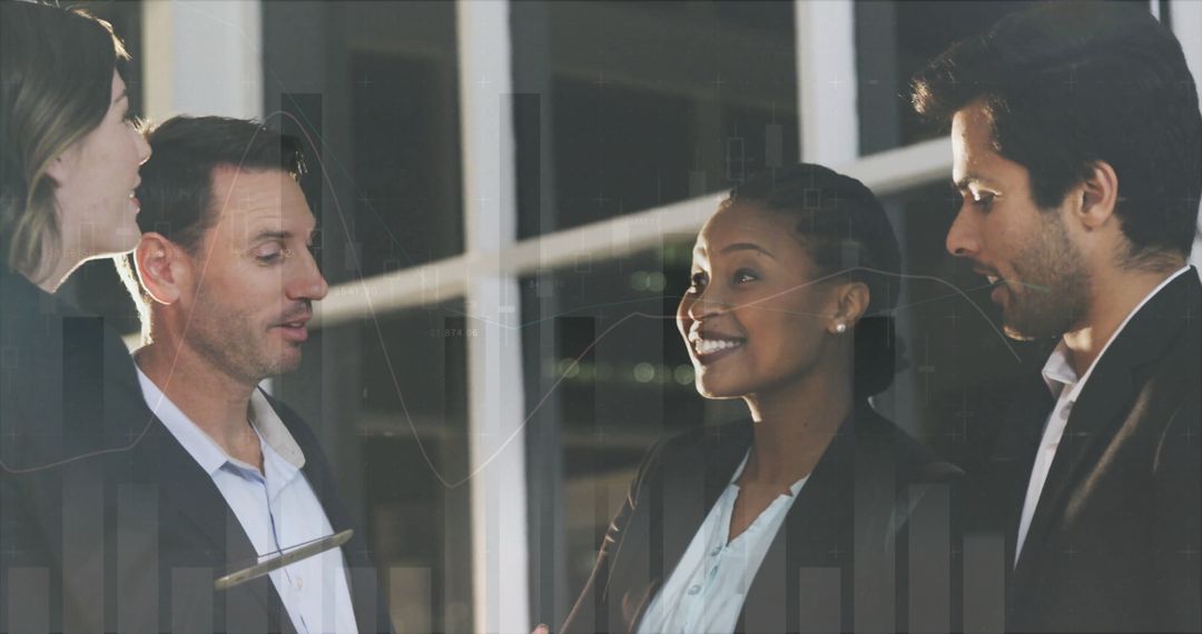 Diverse Business Team Discussing Financial Strategies with Technology Overlay