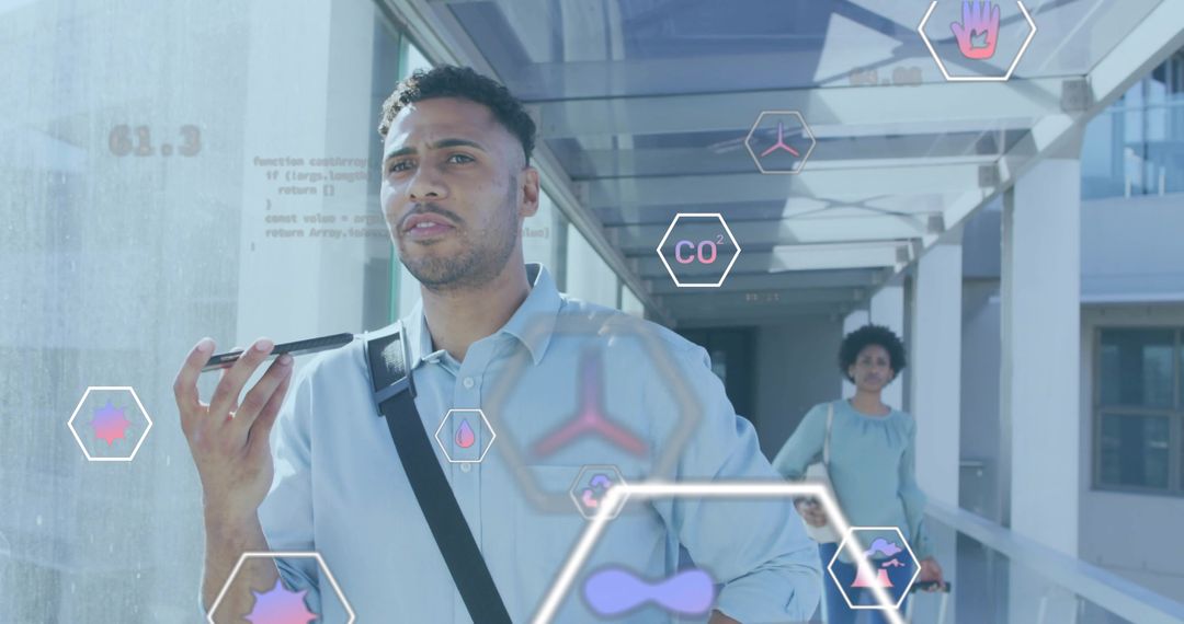Man Engaging with Augmented Reality Technology in Modern Corridor