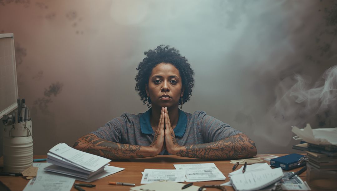 Tattooed Woman Focusing Amid Essays Desk
