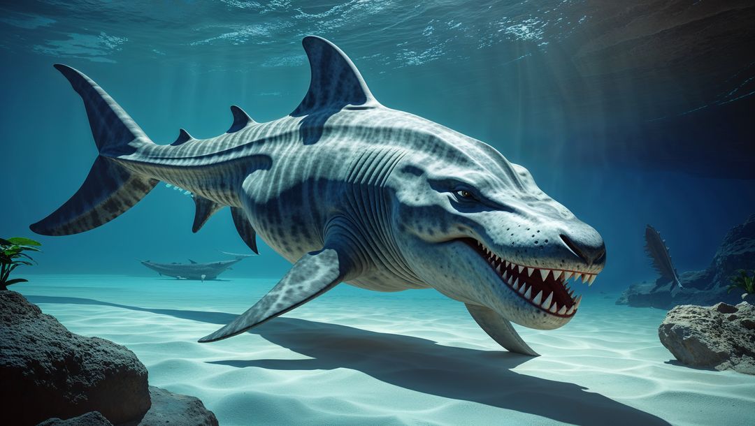 Fierce megalodon shark gliding across serene ocean floor
