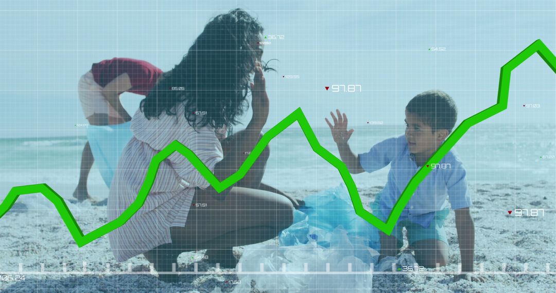 Family Cleaning Beach with Data Interface Overlay