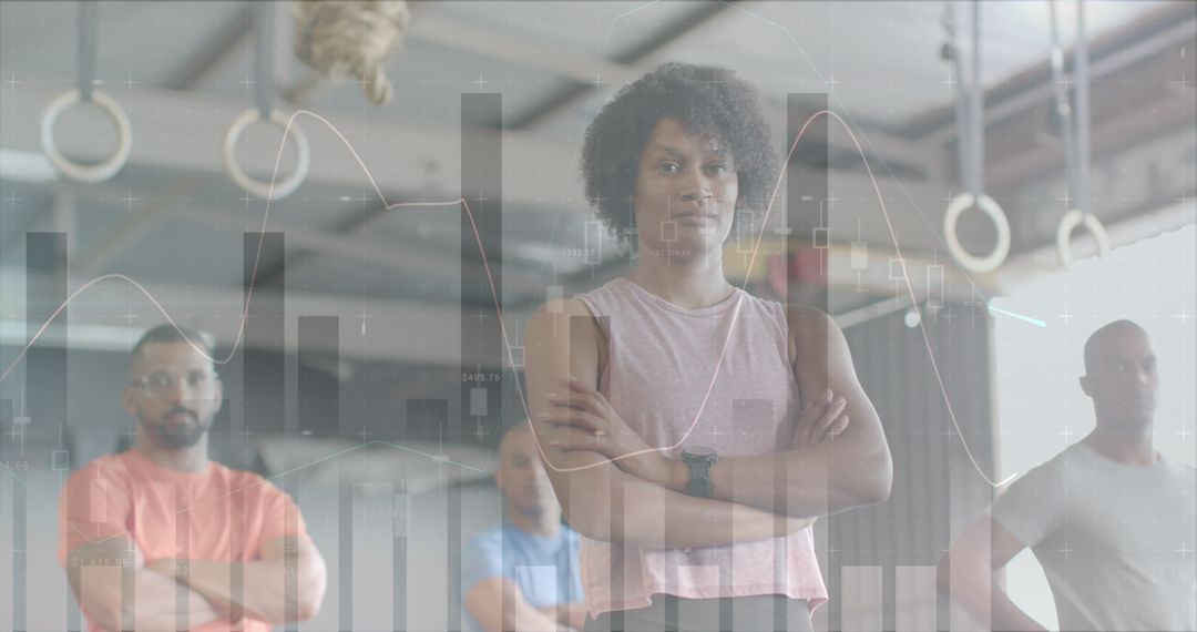 Diverse Fitness Group with Digital Data Overlay in Gym