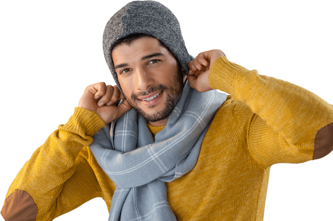 Transparent Smiling Man Adjusting Beanie with Scarf