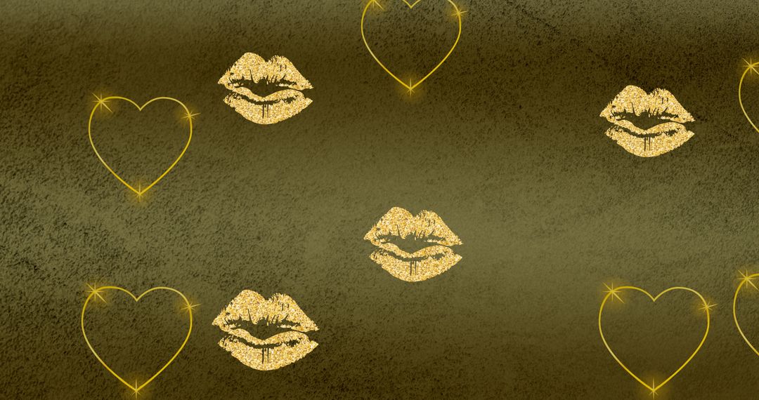 Golden Lips and Heart Pattern on Textured Yellow Background