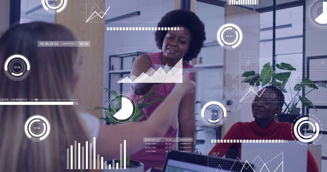 Business Team Analyzing Financial Data with Digital Interface Displays