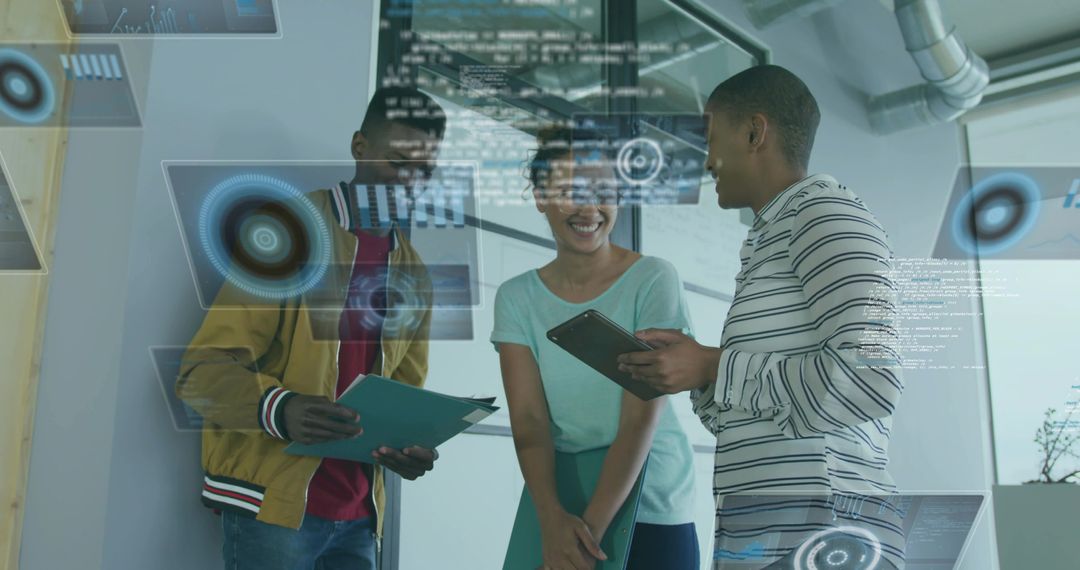 Futuristic Office Collaboration Analyzing Holographic Data