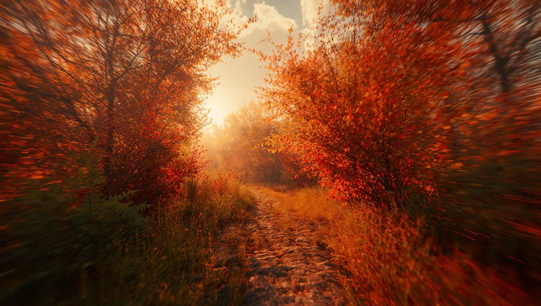 Sunlit Autumn Woodland Path with Vibrant Foliage
