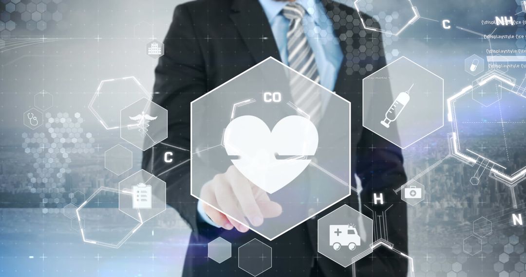 Businessman Using Digital Healthcare Interface with Heart Icon