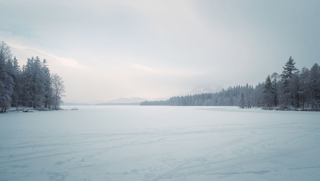 Frozen Lake Expanses Stretching Between Snow-Covered Conifers Under Misty Overcast Sky