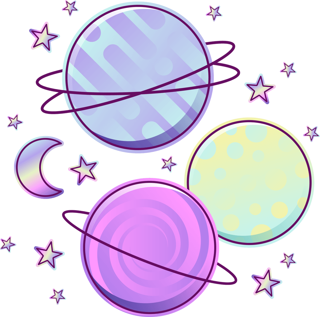 Whimsical Pastel Planets with Stars on Transparent Background