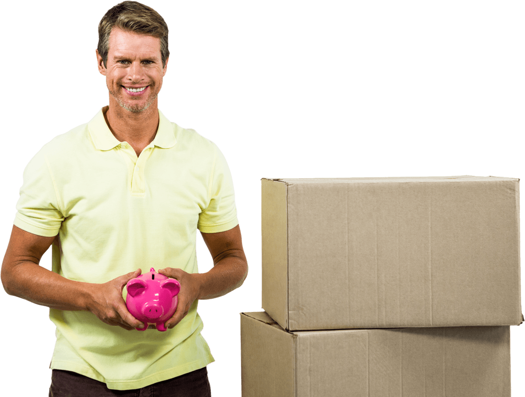Man Holding Pink Piggy Bank Near Cardboard Boxes on Transparent Background
