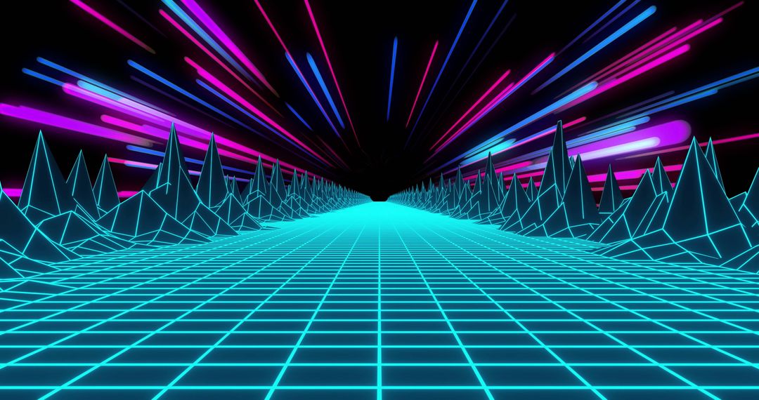 Futuristic Neon Digital Grid and Abstract Landscape Scene